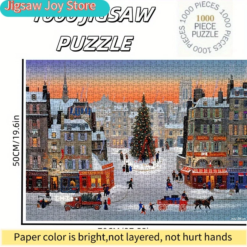 1000ピース DIY クリスマスジグソーパズル - 魅力的なパリの雪に覆われた街並み、赤い馬車とホリデーデコレーション付き、高品質の厚紙