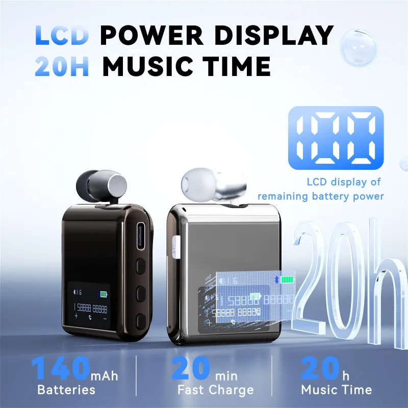 

Business Bluetooth Headphones LCD Display Voice Assistant Incoming Call Vibration and Number Reporting ‌Clamp Earphones For IOS