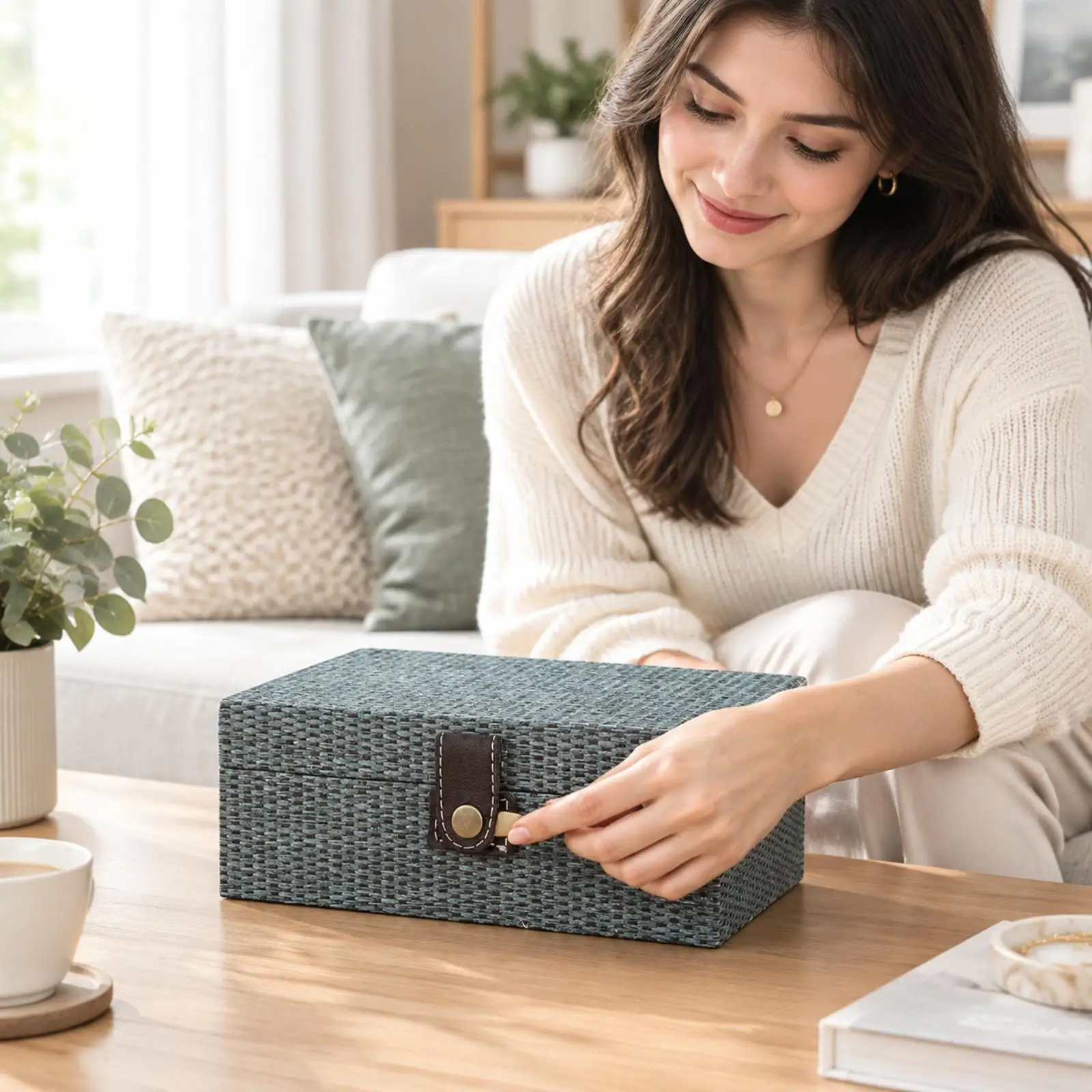 Decorative Faux Rattan Jewelry Storage Box with Snap Lock Lid Wooden Organizer for Necklaces Bracelets Small Keepsakes on Vanity