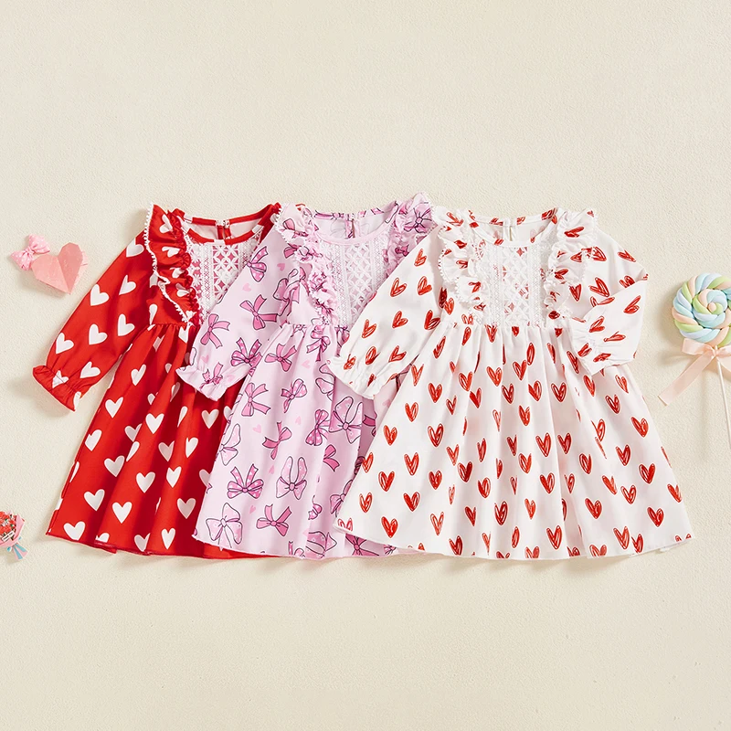 Newborn Baby Kid Girl Valentines Day Princess Dress Party Casual Baby Girl Heart Print Ruffle Lace Trim Long Sleeve A-line Dress