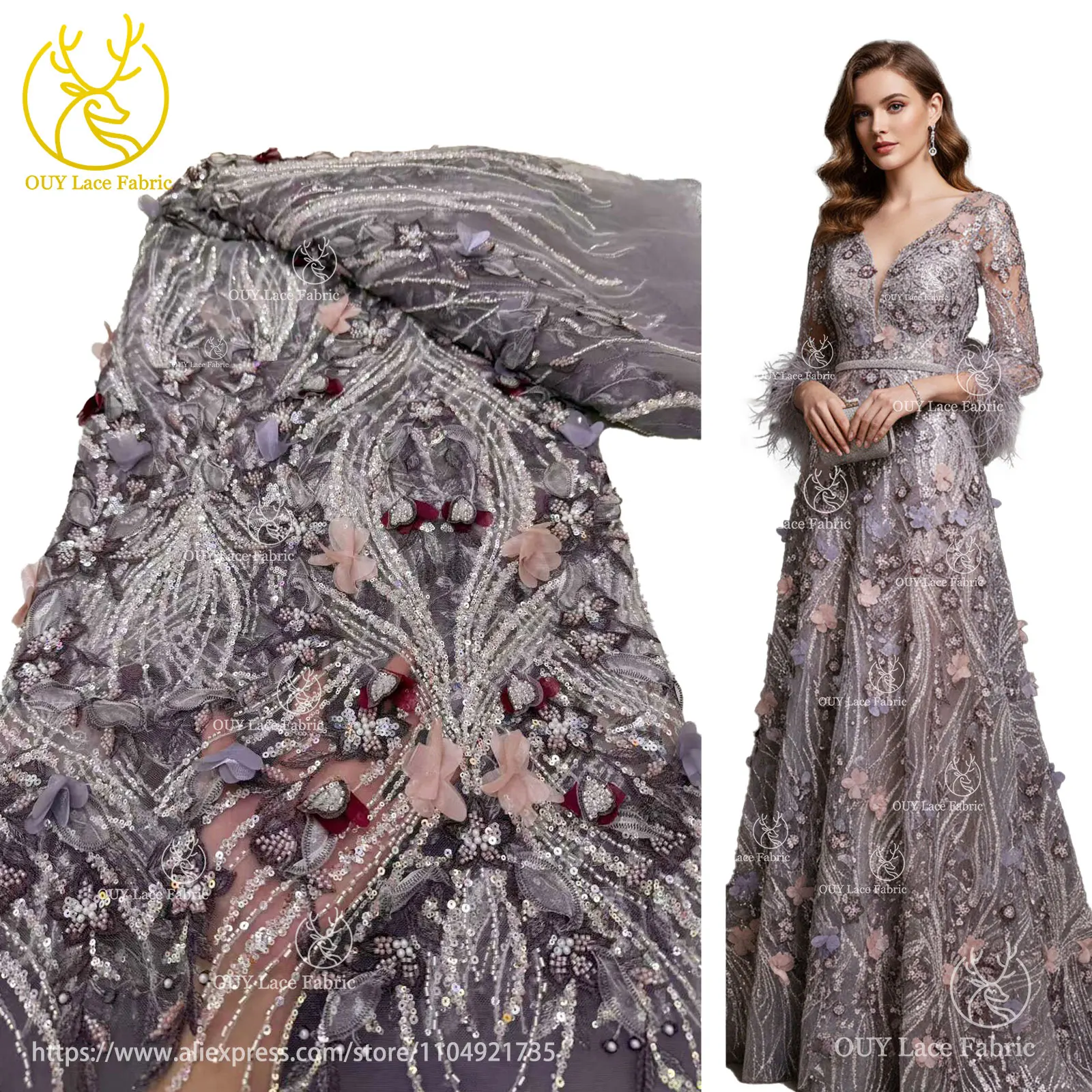 

Luxury African Beaded 3D Lace Fabric 2025 High Quality French Nigerian Sequins Tulle Lace Fabric Women's Evening Dress Wedding
