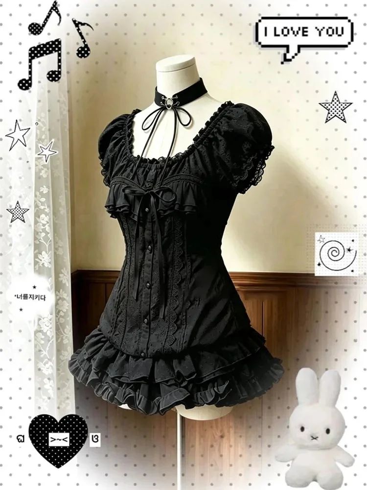 Vintage Bubble Short Sleeve Shirt Women's Summer 2026 New Black  Skirt Set Fashionable Retro Style Office Date Universal