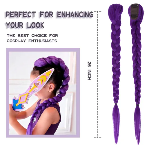 Imagen 2 del producto Trenza larga de color púrpura, caja de fibra sintética, trenzada de 26 pulgadas, fácil clip en cola de caballo para disfraz de Halloween (solo trenza), trenza púrpura Rumi