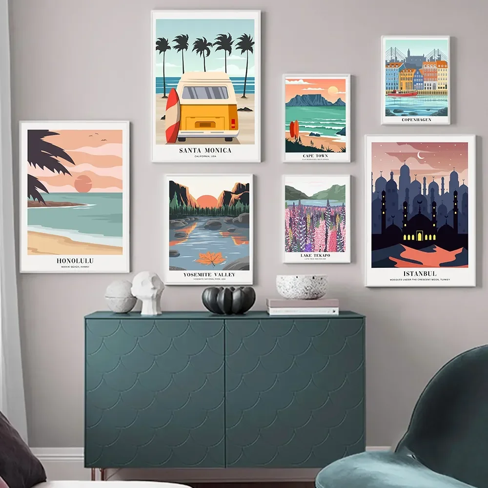 Cidade do cabo copenhague santa monica istambul lago tekapo cartazes de viagem impressão minimalista pintura em tela arte da parede para decoração casa