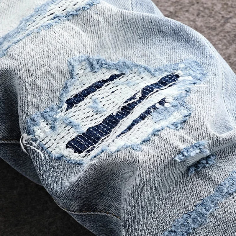 newy2k jeans with pleats, slim fit, elastic water wash,y2k nostalgic perforated patch, light blue jeans, hip-hop brand pan