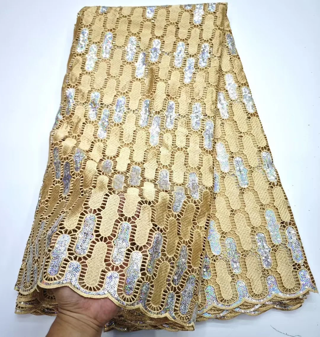 

2025 French Mesh Fabric African Guipure Sequins Lace Fabric for Bridal Wedding Dress High Quality Cord Water Soluble New 5Yards