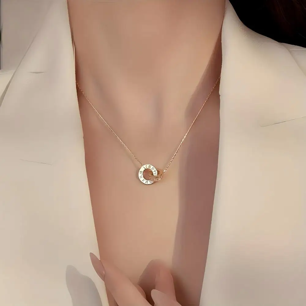 Elegant Rose Gold  Stainless Steel Jewelry Set - Double Ring Necklace & Earrings with CZ, Perfect Gift for Women view 4