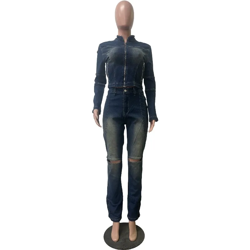 Women Casual Jeans Suits Washed Stretch Denim 2 Piece Set Zippers Stand Collar Long Sleeve Jackets Tops + Holes Pencil Pants