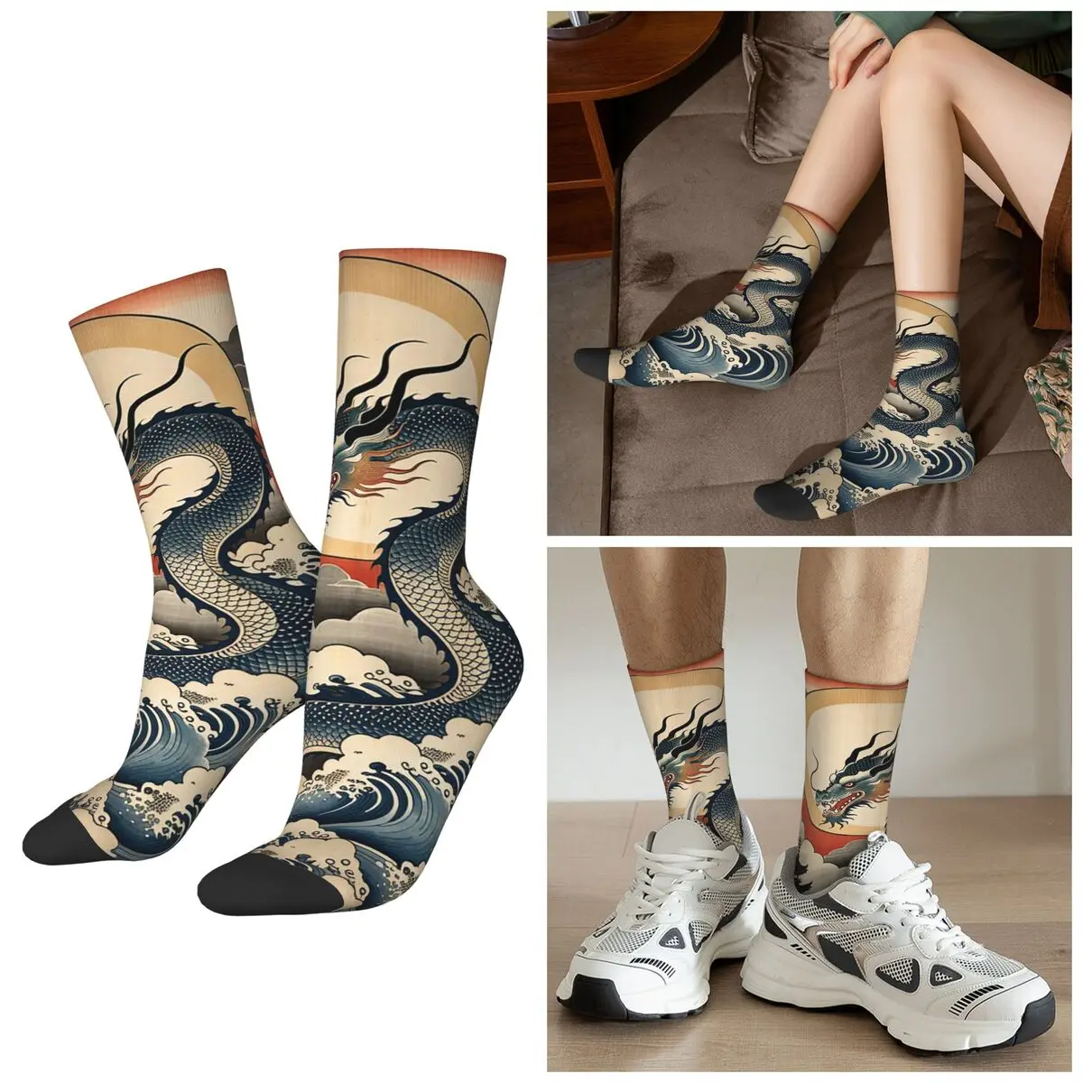 

All Seasons Retro Art Japanese Dragon Socks Harajuku Sport Middle Tube Socks Super Soft Stockings for Men Women Gifts