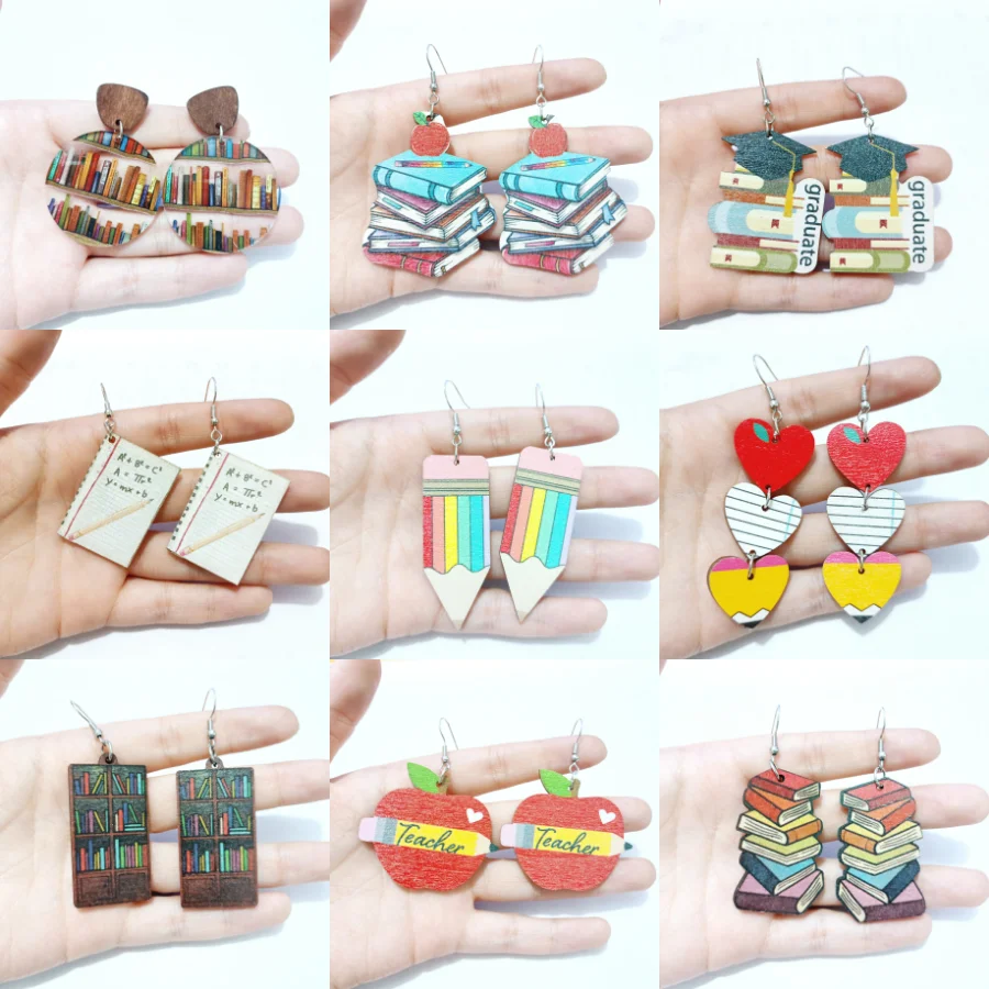 Wooden Ear Rings For Women Book Apple Pencil Notebook Bookcase Graduate Charm Colorful Earring Jewelry Teachers' Day Gifts