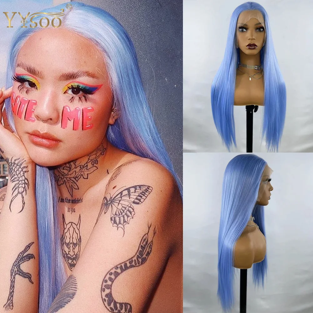 Long Light Blue Synthetic Hair Lace Front Wigs For Black Women 13x4 Glueless Silky Straight Half Hand Tied Blue Wig Free Part