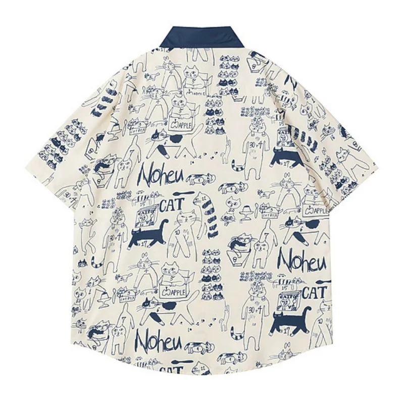 Men Cartoon Cat Print Short Sleeve Shirts Contrast Loose Button Down Blouse Vintage Streetwear Casual Holiday Beach Shirt Tops