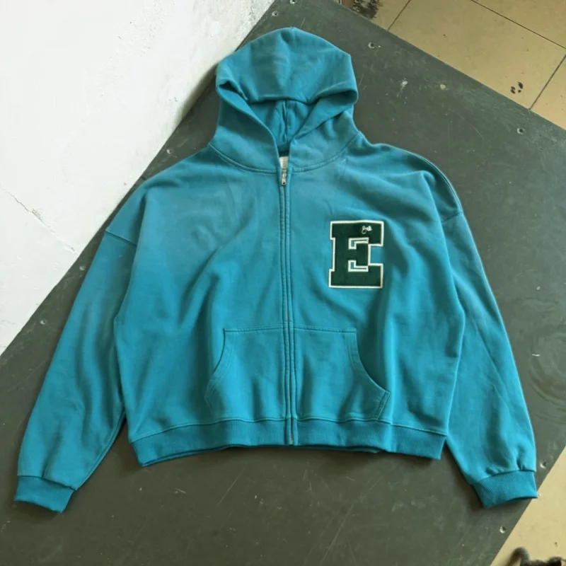 Top Quality Lake Blue Streetwear Lettering Embroidered Winter Oversized Men Loose Fit Women ERL Zip-Up Hoodie