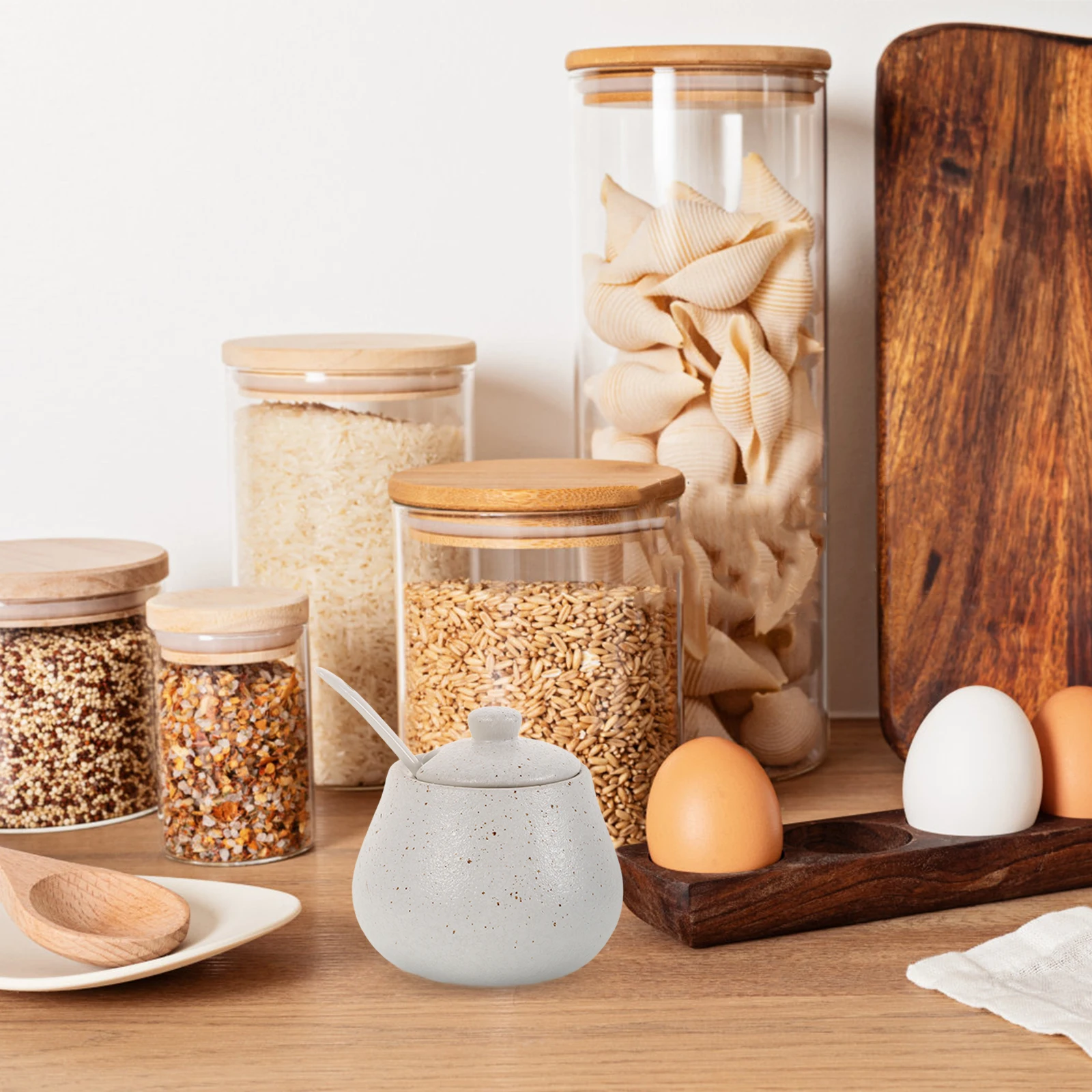 1 مجموعة الخزف السيراميك صندوق توابل النمط الياباني وعاء السكر بهار وعاء مع ملعقة غطاء لصندوق توابل المطبخ مع غطاء #4