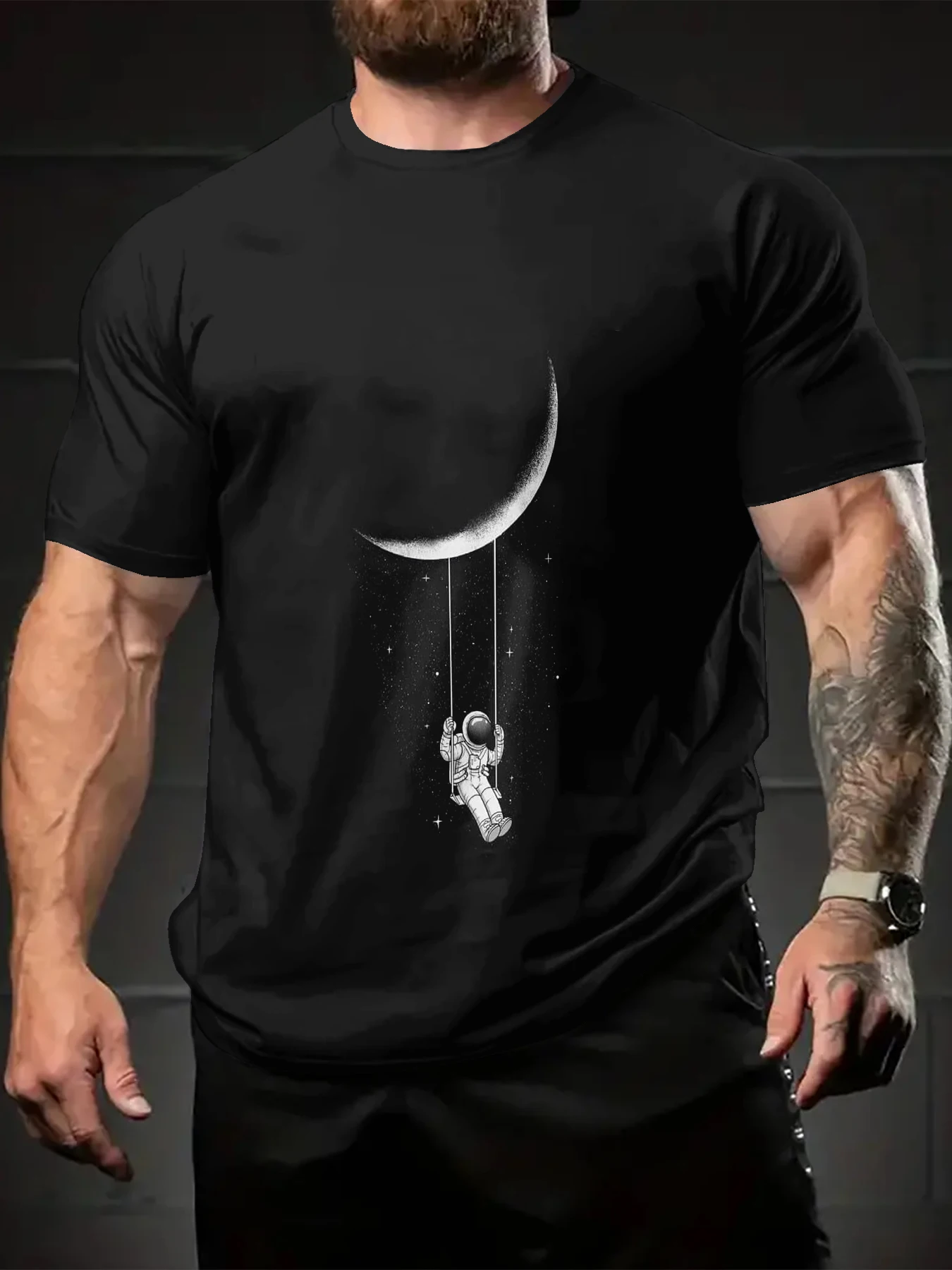 Men Daily Vacation Short Sleeve Tee, Sport T-Shirt with Black Base Crescent Moon Swing Astronaut Starry Sketch Graphic Pattern