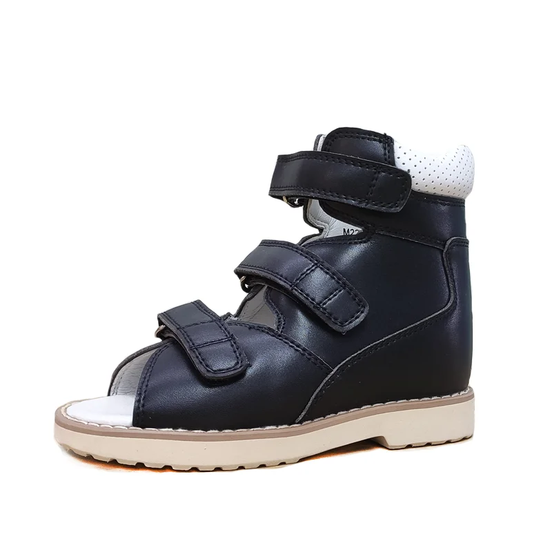 Sandales d\'été pour garçons, chaussures orthopédiques 4WD pour enfants, en cuir noir, chaussures ration t, plate-forme à pied plat, 2 à 8 ans
