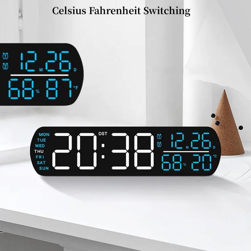Digitaler Wecker TEMP Luftfeuchtigkeit Datum 2 Alarme Countdown-Timing DST Snooze Tischuhr Auto dimmbar 12/24 Stunden LED-Uhr für Dekor – Detail 14