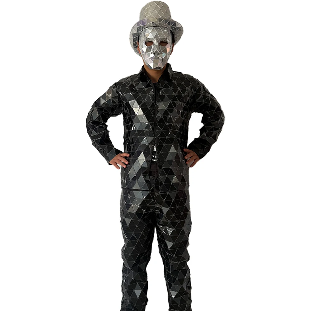 

Black Mirror Hat Mask Bar Party Show Suit Mirror Man Costume Stage Wear Performance Halloween Cosplay Christmas Costumes