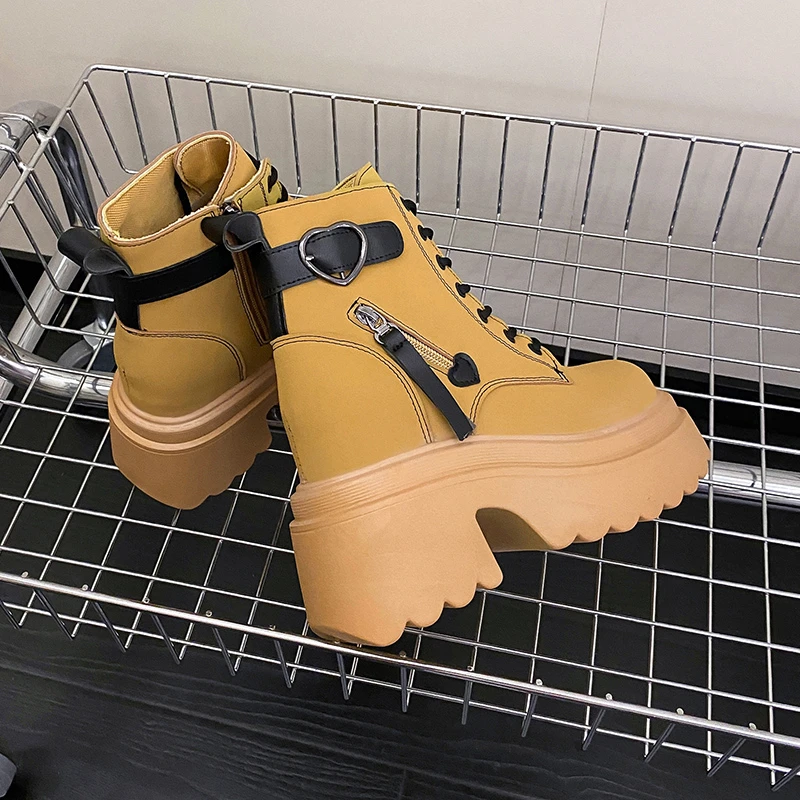 New Arrival jesienne botki damskie wysoka podeszwa buty motocyklowe zimowe sznurowane Chunky Sneakers wygodne skórzane buty 10CM