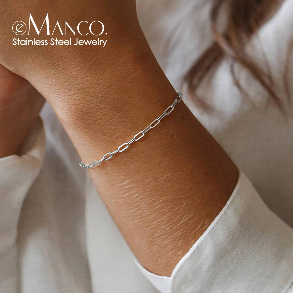 

Браслет из нержавеющей стали eManco Silver Color Link Chain для женщин, минималистичный дизайн, цепочка-скрепка, популярная модель, оптовая продажа.