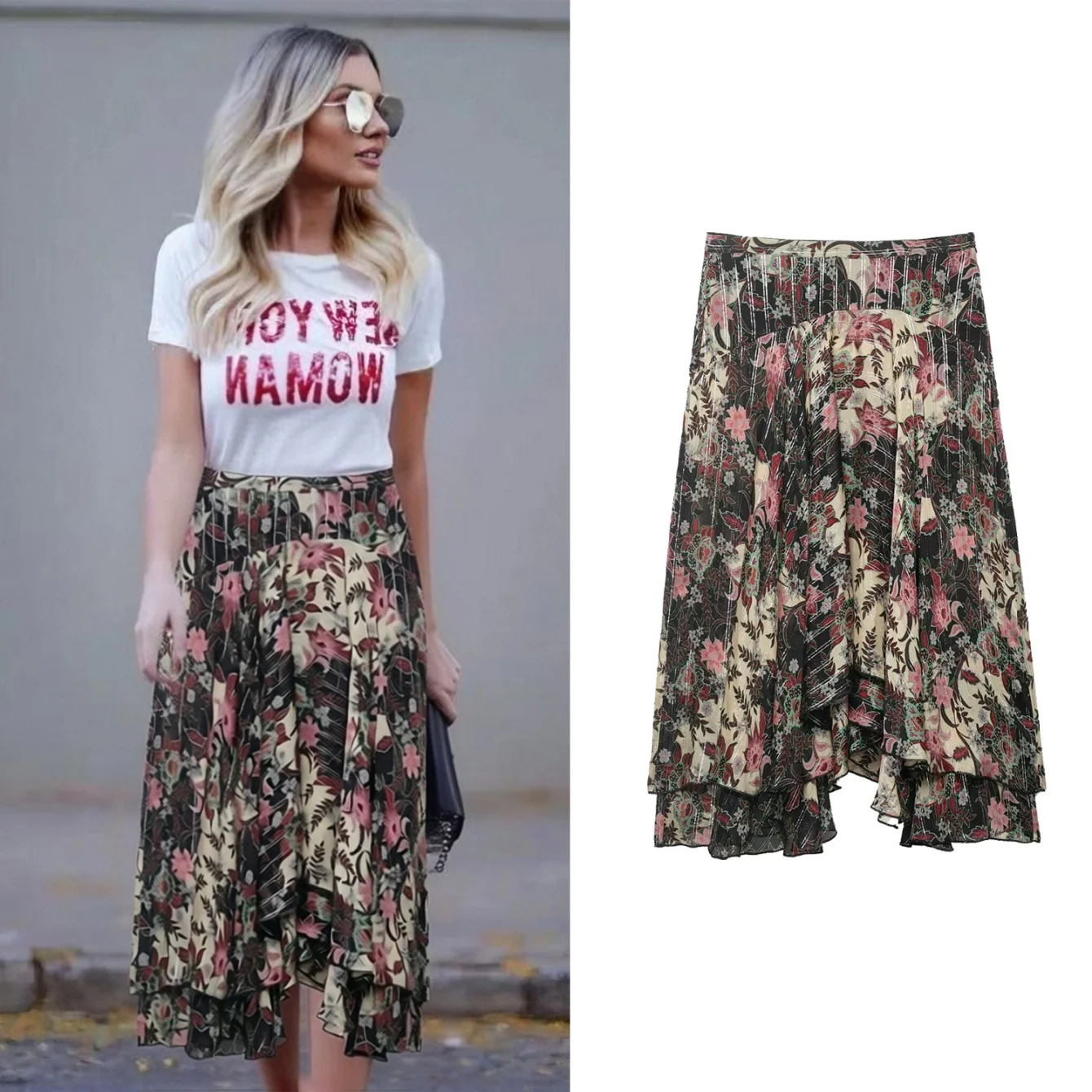 

Women's Midi High Waistfloral Print Skirts Summer New Female Chic Asymmetrical Casual Skirt Lady Elegant Holiday Print Skirt