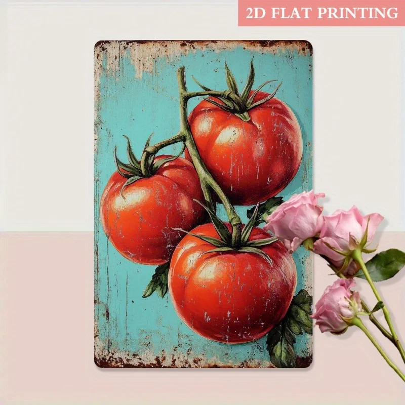 （2D Tin painting）2D Flat, 2D Flat 1pc, Rustic Tomatoes Iron Metal Decorative Sign, 8x12 Inch Vintage Aesthetics, Rustic Farmh
