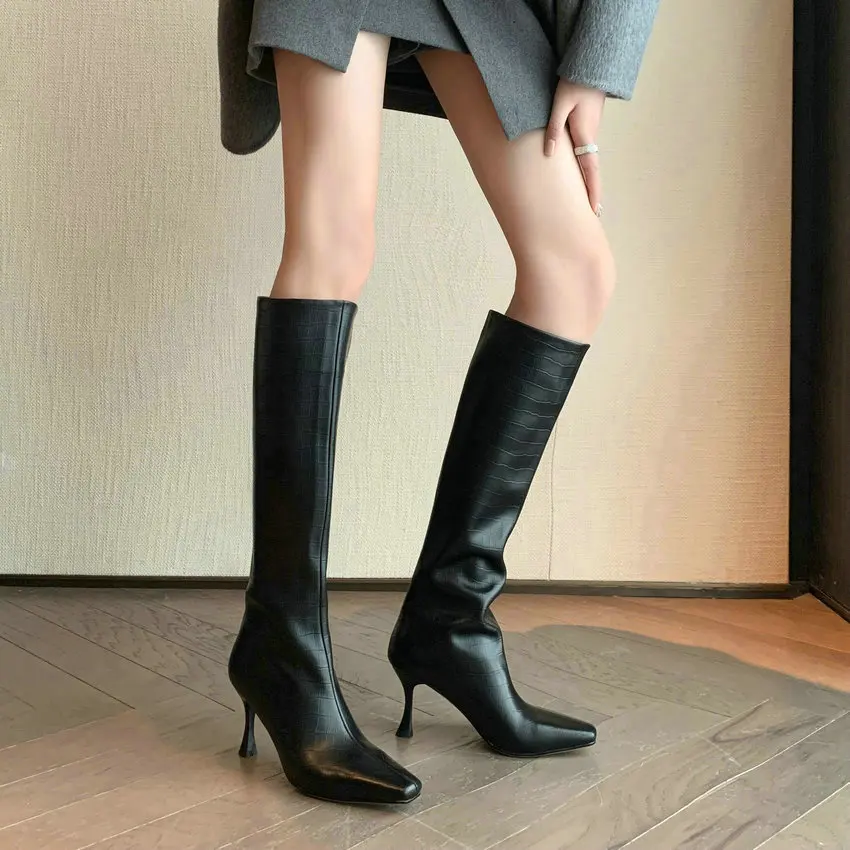 QUTAA 2024 Women Knee High Boots Autumn Winter Genuine Leather Shoes Woman Pointed Toe Office Lady Party High Boots Size 34-42