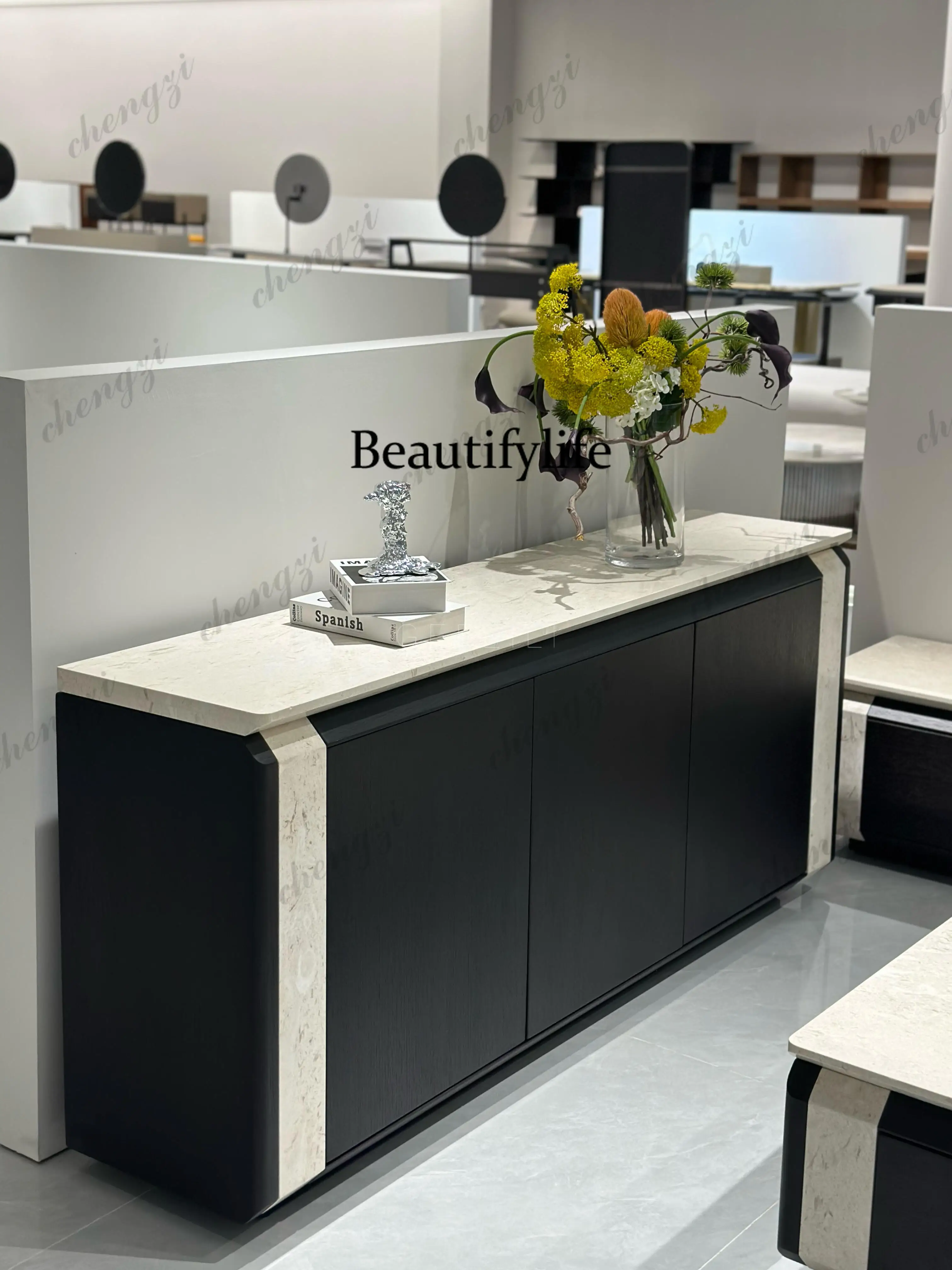 New Modern Simple Black Side Cabinet Marble Countertop Locker Premium Wall Integrated Storage Cabinet