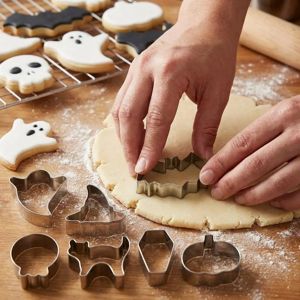 7Pcs Halloween Cookie Cutters Set, Stainless Steel Biscuit Molds, Bat Ghost Witch Hat Skull Black Cat Coffin Pumpkin Shapes