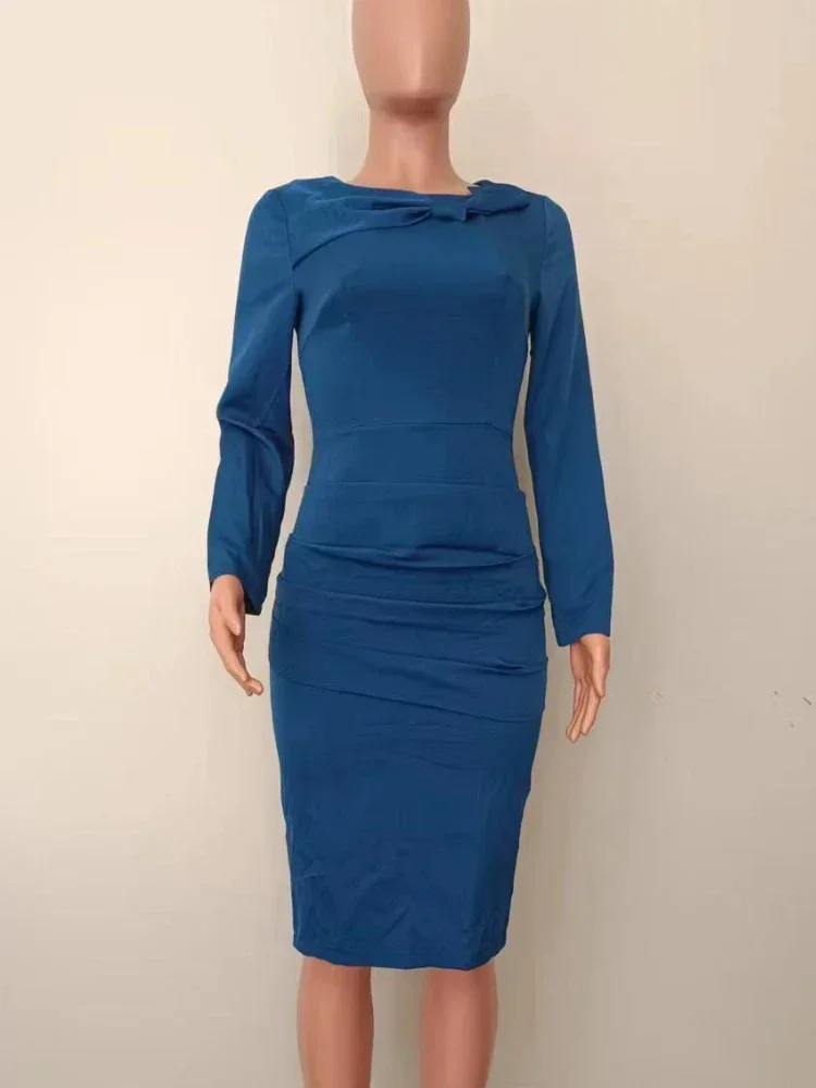 Mulheres Elegante Vestido Bodycon Manga Longa, Decote Curvo, Ruched Vestidos Midi, Retro Elegante senhoras, Roupa de Festa de Aniversário, Outono, Bonito, 2022