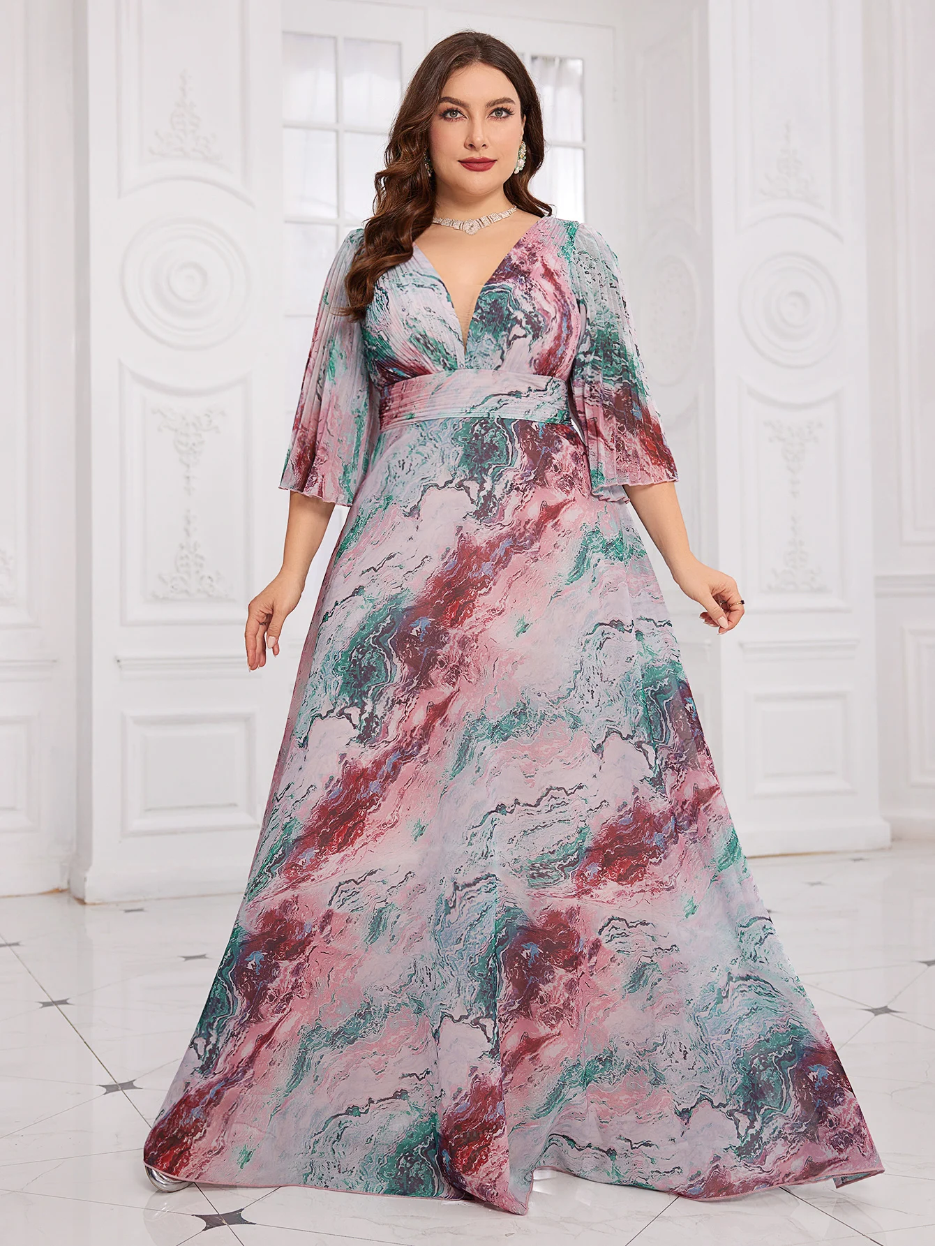 

UNITHORSE Plus Size V-Neck Printed Short Sleeve Maxi Skirt Wedding Dress for Maids of Honor Large Size Floral Print Gown