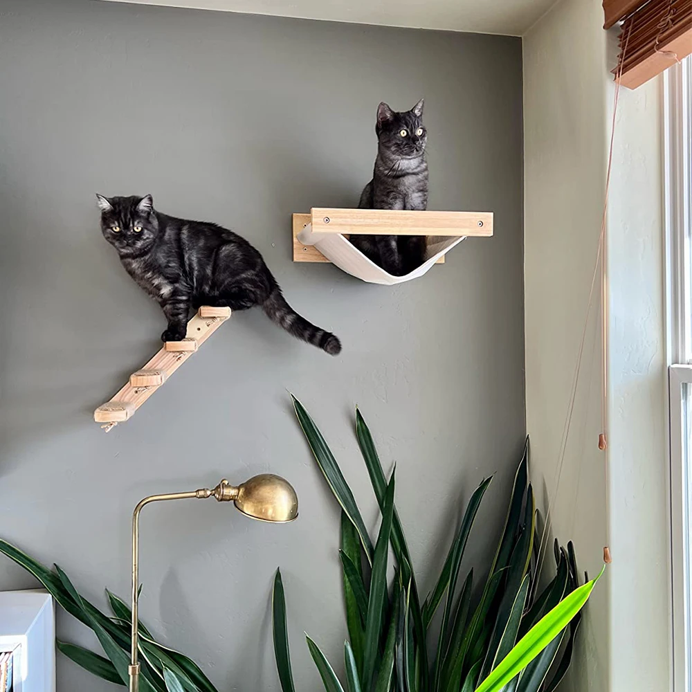 

Wall Mounted Cat Climbing Stairs-Wooden Cat Tree with Perches Scratcher Toys & Sleeping Bed Ideal Indoor Cat Accessories
