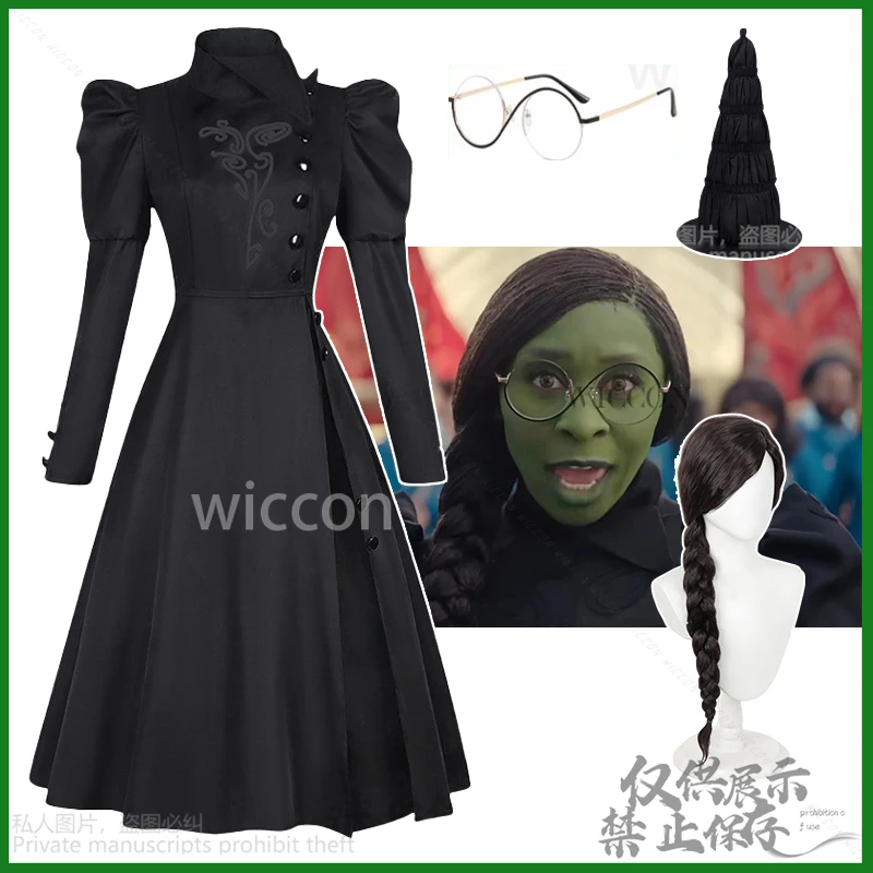 

Anime Movie Wicked Elphaba Cosplay Costume Witches Gotic Dress BLACK LOLITA Hat Glasses Wigs For Halloween Christmas Customized