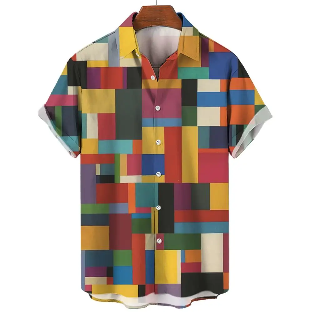 Zomer 3d Print Color Block Graphics Heren Shirts Mode Knoop Korte Mouw Revers Streetwear Hawaiian Blouse Shirts Voor Heren