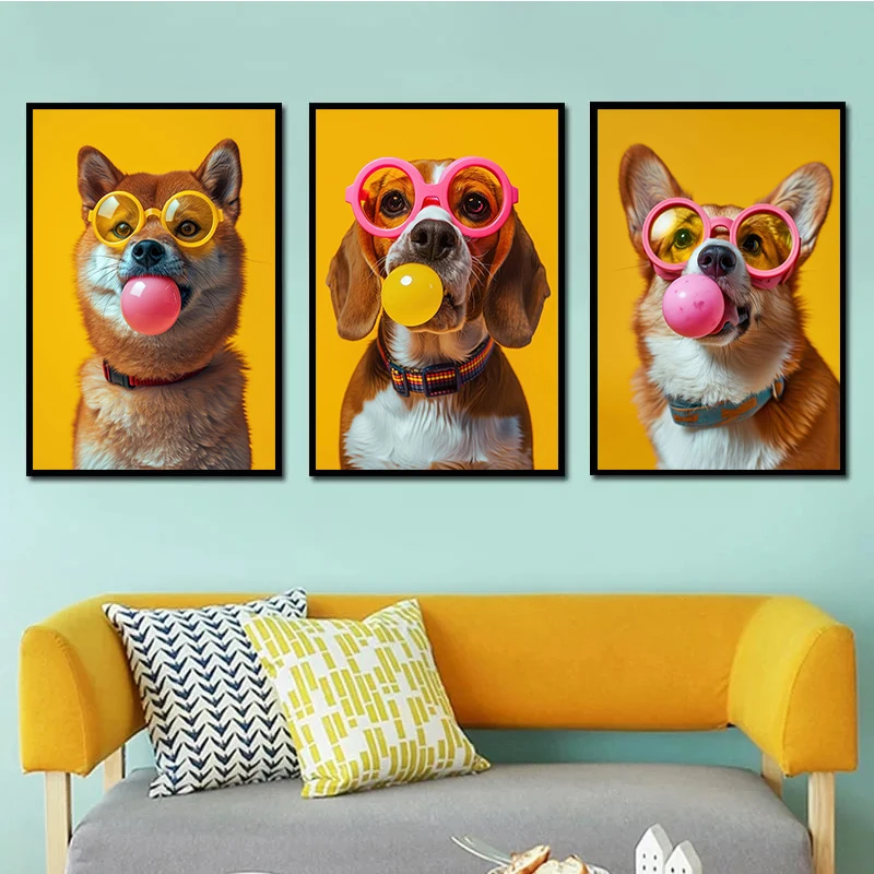 Dog Bubblegum Sunglasses Posters and Prints Samoyed French Bulldog Pomeranian Canvas Painting Wall Art Picture Room Home Decor