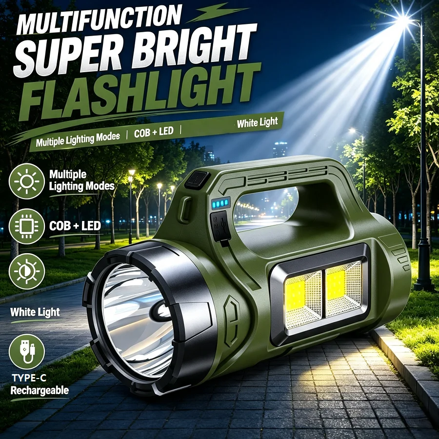 2026 LED COB Handheld Searchlight Solar Type‑C Rechargeable Waterproof Torch 4 Modes Lamp For Camping Hiking Mountain Emergency