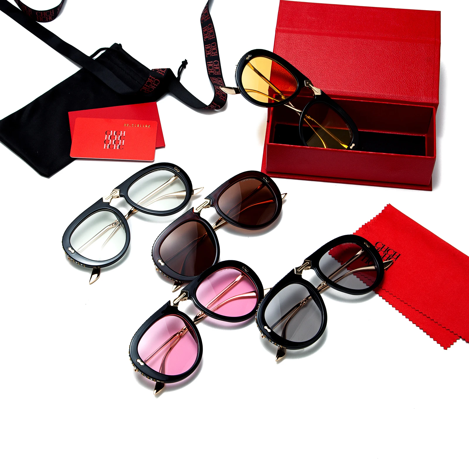 

Foldable Rhinestone Round Sunglasses Metal Temple Travel Party Glam Luxury Gift Women Red Case