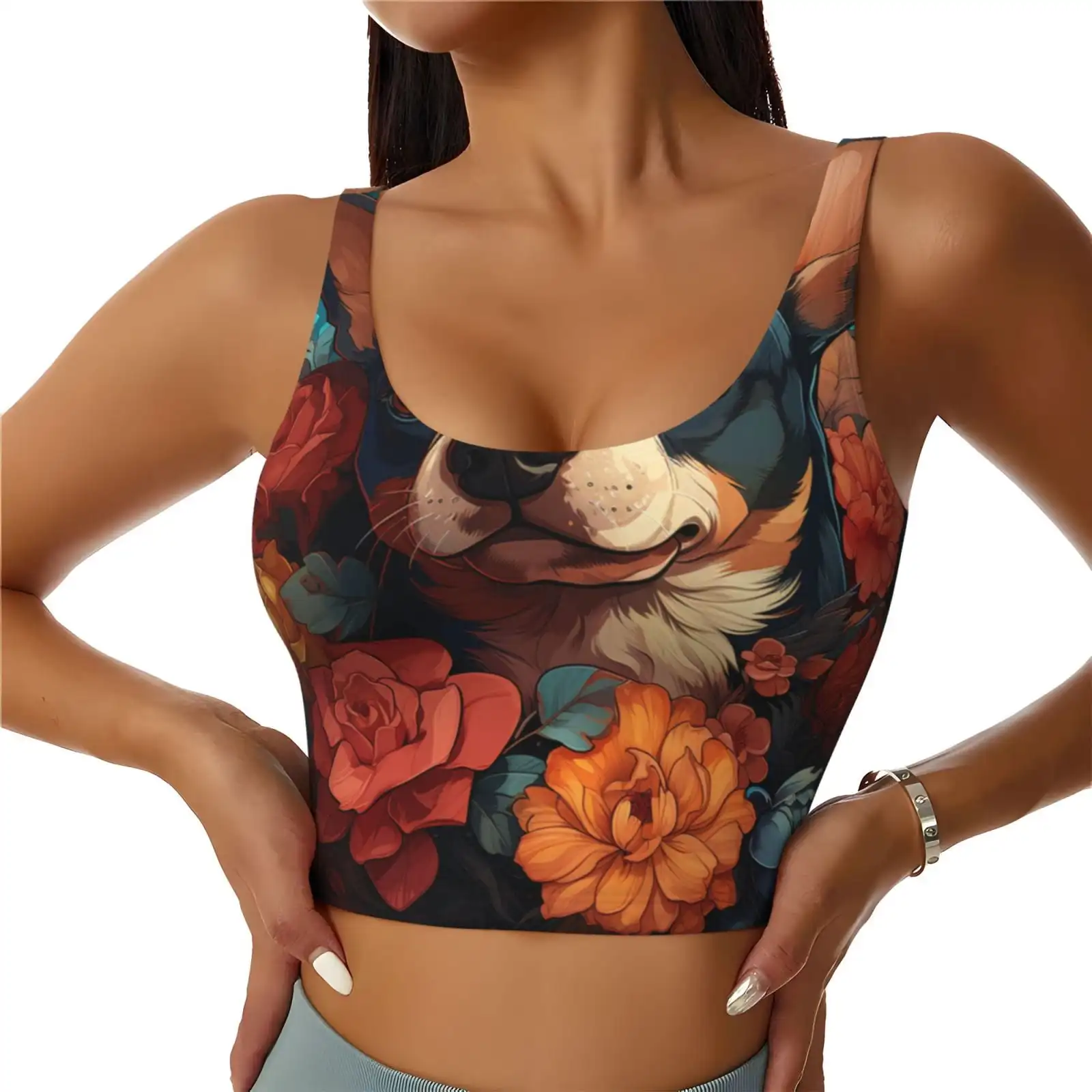 Vintage Colorful Flower French Bulldog Print Women's Sports Vest U-shaped Removable Chest Pad Sports Backless Top