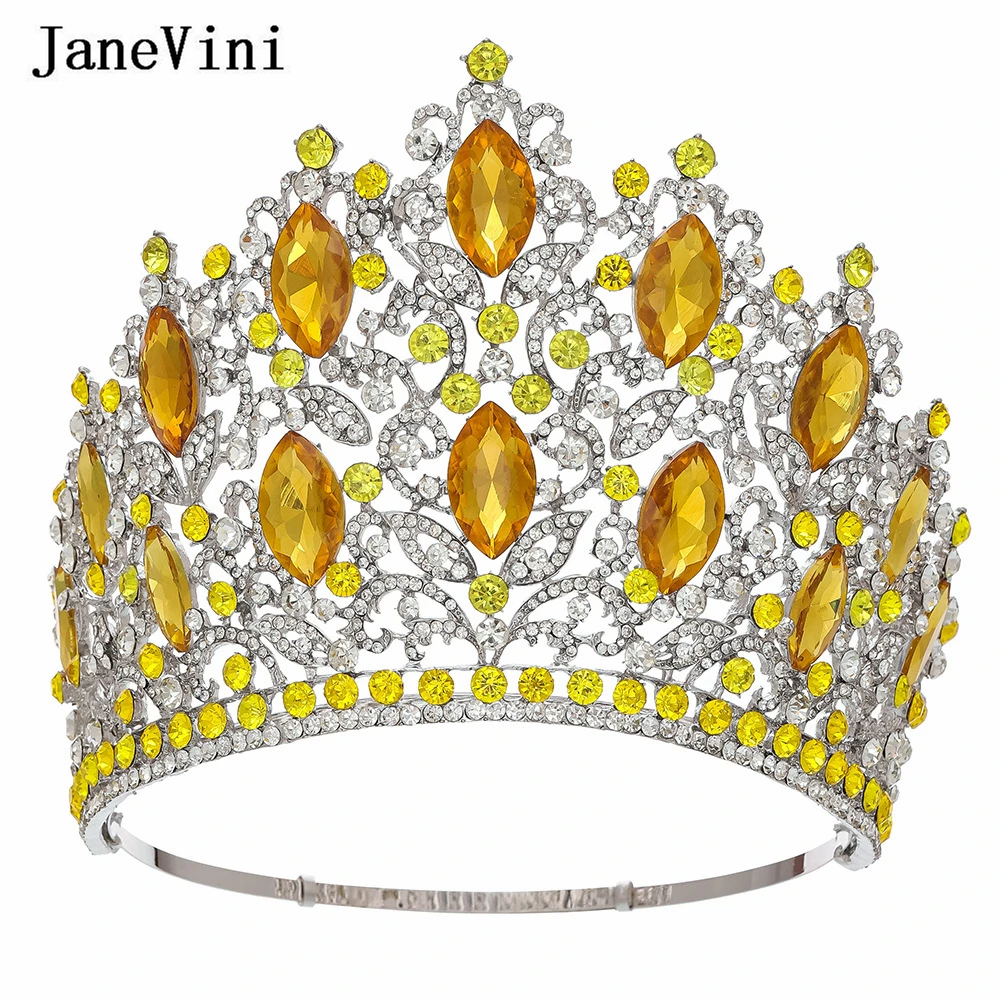

JaneVini Luxury Gold Crystal Rhinestone Big Crowns And Tiaras Miss World Adjustable Bridal Wedding Party Large Crowns Headwear