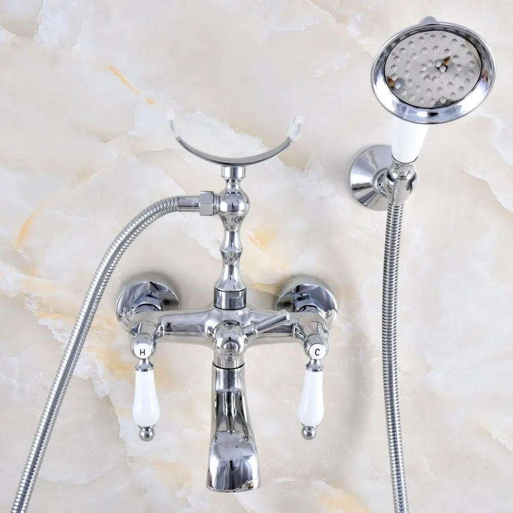 

Chrome Brass Double Handle Wall Mounted Bathroom Tub Faucet Set with 150CM Hand Held Shower Spray Mixer Tap 2na702