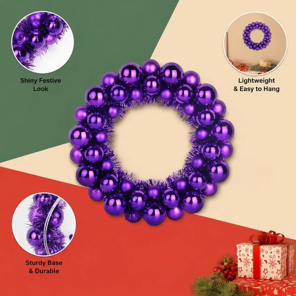 2 Stück Lila Polystyrol-Weihnachtskugel-Kränze 33x33x7cm Leichte Hängedekorationen für Tür, Wand, Fenster, Zuhause, Weihnachtsfest-Deko
