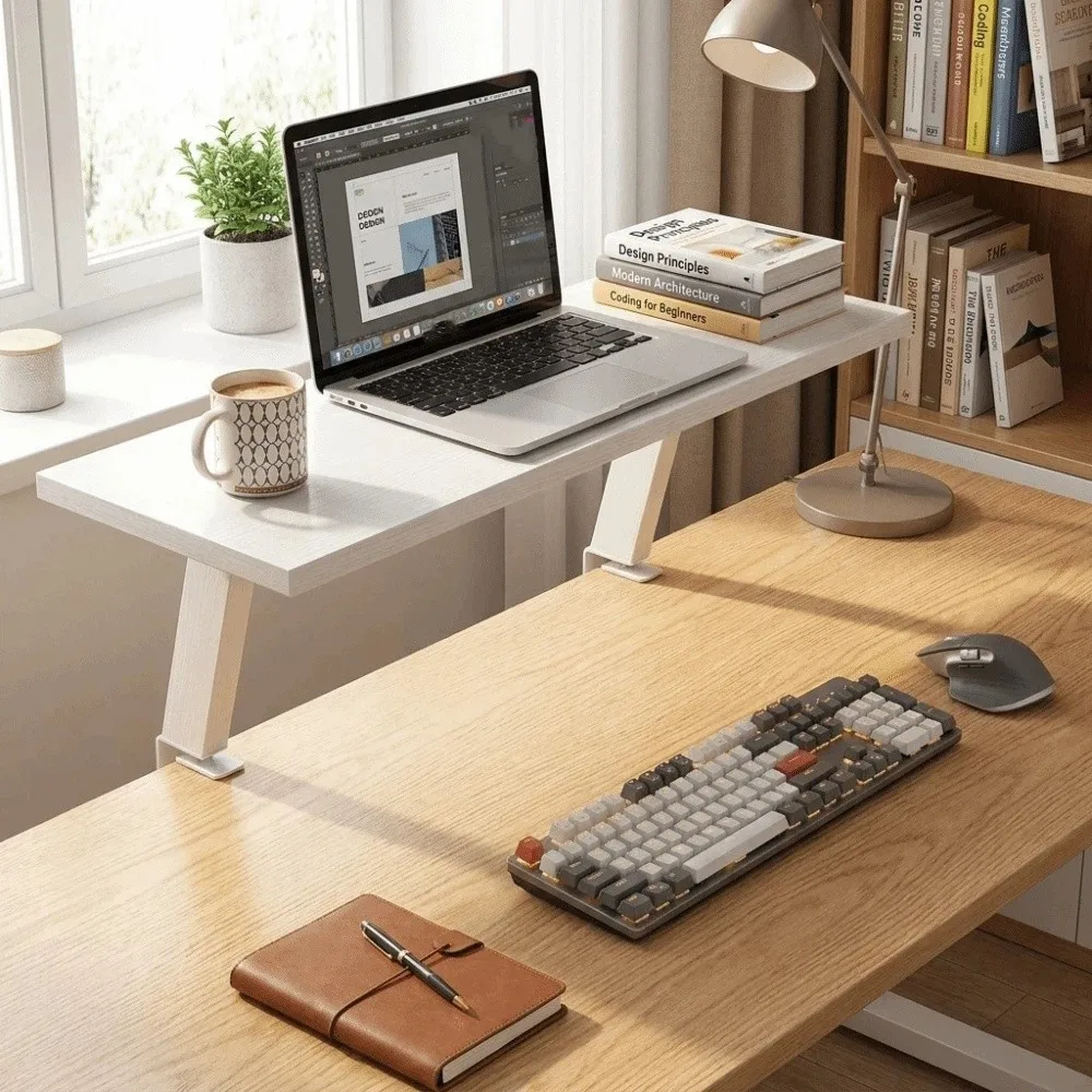 Wood Grain Monitor Stand Multifunctional Ergonomic Computer Riser Hollow Space Floating Design Desk Organizer Home Office