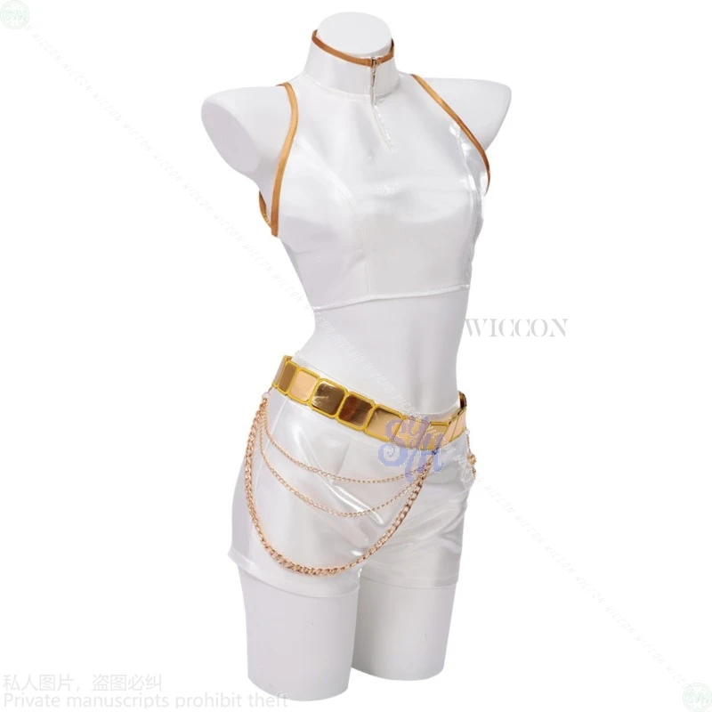 أنيمي Kpop شيطان تأثيري رومي الذهبي المرحلة المعبود كوريا موحدة الأبيض فستان قصير بلا أكمام أعلى الباروكات هالوين حفلة عيد الميلاد كوس