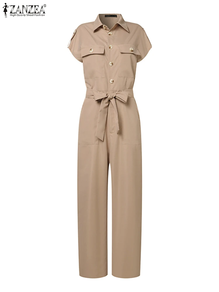 Summer Rompers ZANZEA Fashion Women Cargo Jumpsuits Vintage Short Sleeve Lapel Neck Playsuits Casual Solid Long Overalls Trouser