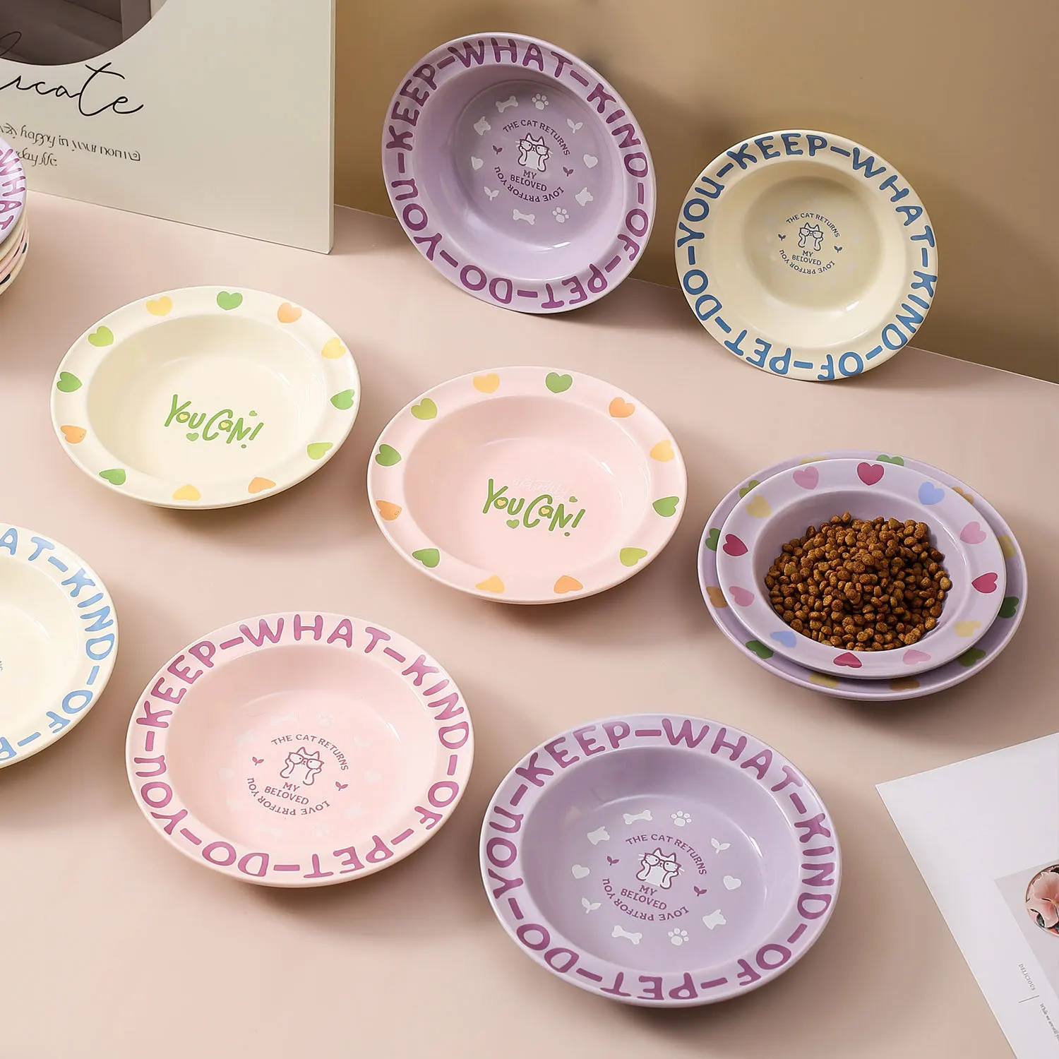 

Cartoon Border Protection Love UFO Dish, Household Pet Ceramic Bowl, Cat Bowl, Dog Bowl, Pet Supplies, Morandi Color Basin