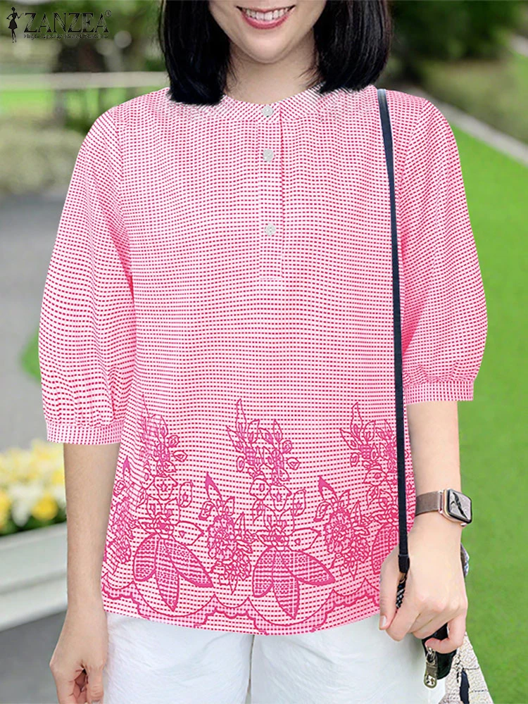 2025 ZANZEA Camicetta stampata a quadri estiva Donna Vintage Mezza manica Top Casual O Collo Lavoro Blusas Camicia da vacanza elegante femminile