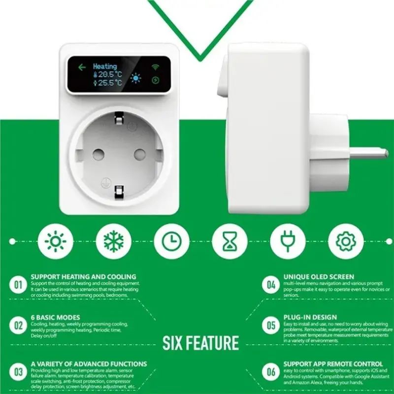 CYCLI-Smart Plug Thermostat Wifi Tuya Heating Cooling Temperature Controller Timer Switch 16A EU Plug