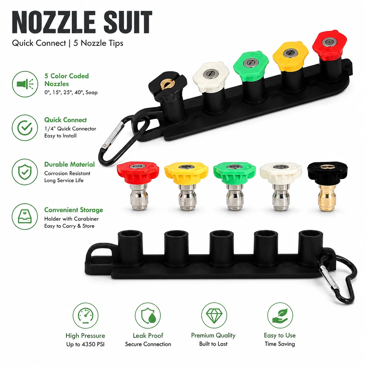 5 Pcs High Pressure Car Wash Nozzle Tips Set with Storage Holder, 1/4 Inch Quick Connect Multi-Angle Spray Nozzles