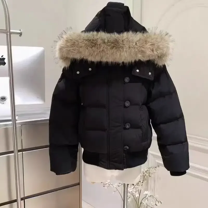 Damen Winter-Baumwollmantel mit Kapuze, amerikanischer Retro-Stil, Pelzkragen, einfarbig, warm, locker geschnitten, lässig, schmal geschnitten, Baumwolljacke, Oberbekleidung – Detail 7