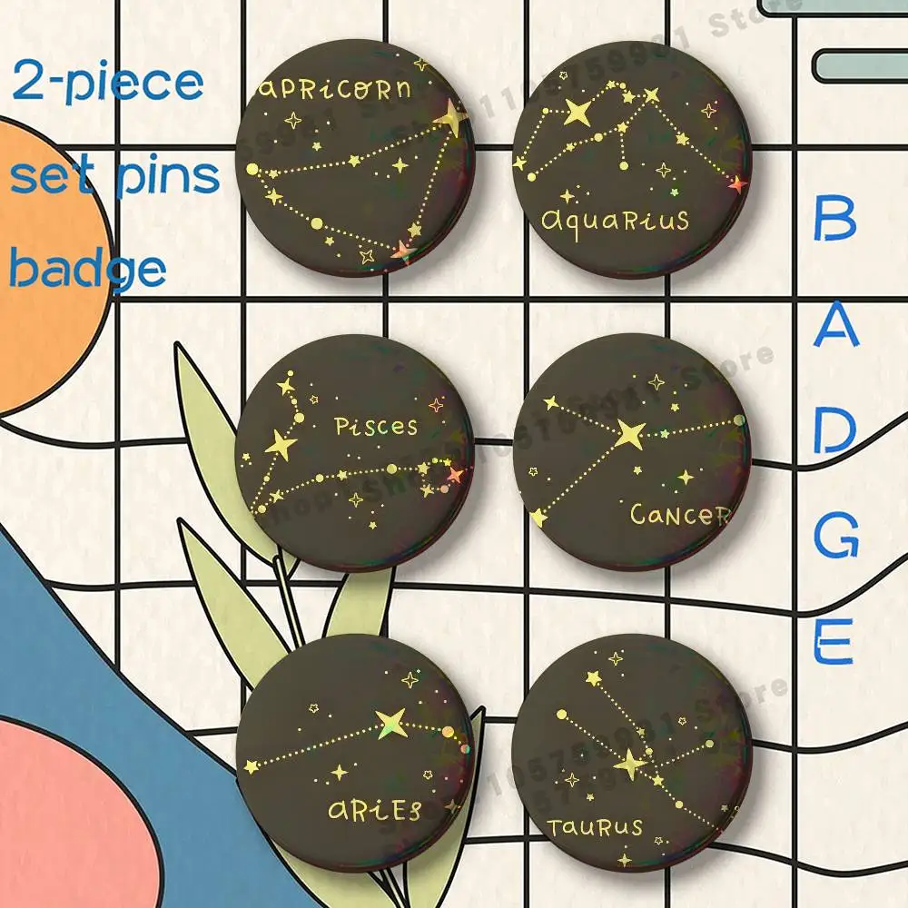 The Twelve Zodiac Signs Brooches for Backpack Accessories 25 32 44 58 75mm Round 2-piece set Free Mix